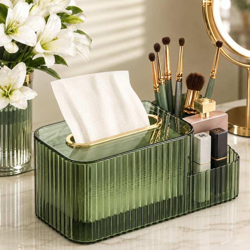 2 in 1 Acrylic Tissue Box Holder – Multifunctional Cosmetic & Tissue Organizer for Vanity & Bathroom