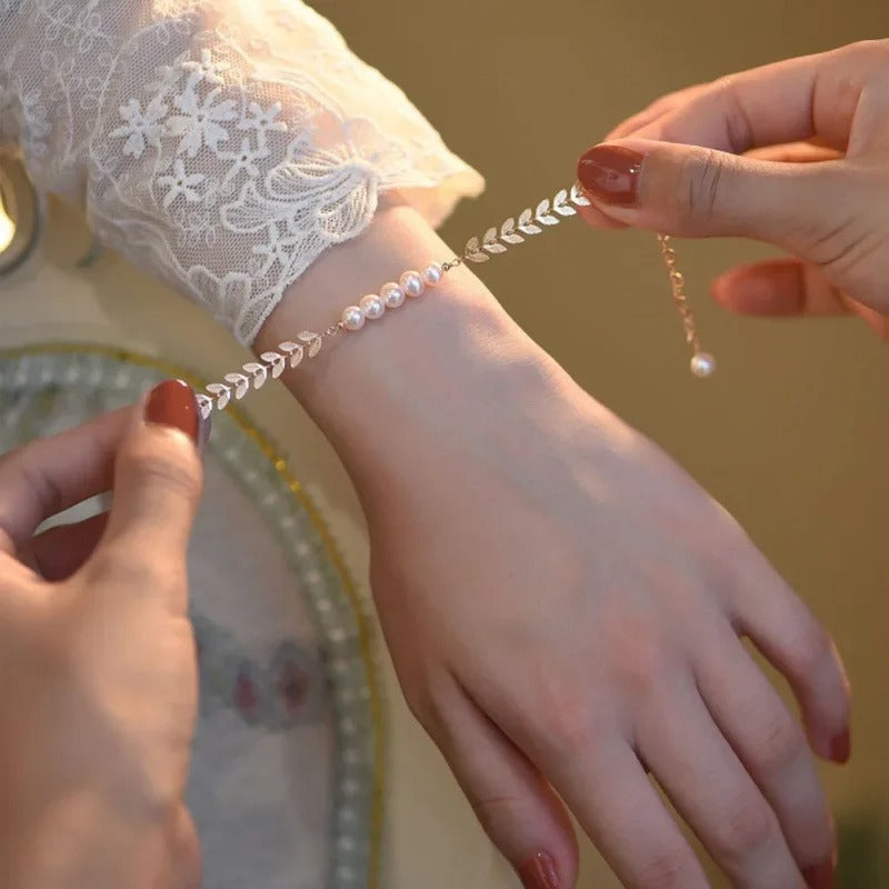 Golden Bracelet for Women – Elegant Leaf & Pearl Design Hand Jewelry
