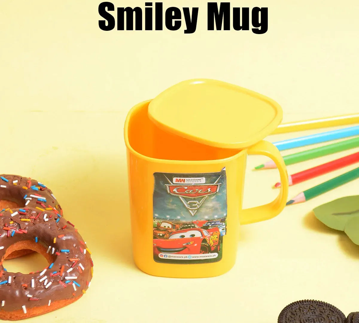 Pack of 2 Smiley Mug with Lid – BPA Free Kids Cartoon Mug (Leak-Resistant Cover)