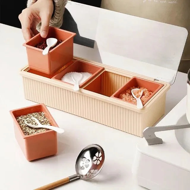 4 Partition Spice Box with Lid & Spoons – Kitchen Masala Organizer | Multipurpose Condiment Storage Container
