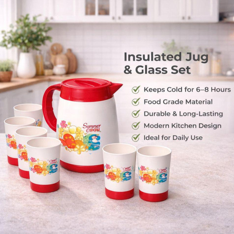 Summer Jug Set with Glasses (7pcs) – Water & Juice Serving Set | Stylish Plastic Pitcher Set
