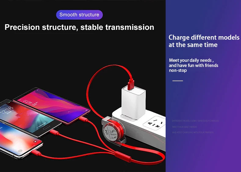 Data Cable 3 In 1 USB Charge for Micro-USB Type C Wire Portable For Fast Charging