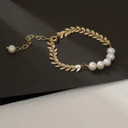 Golden Bracelet for Women – Elegant Leaf & Pearl Design Hand Jewelry