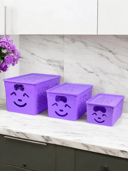 Smiley Storage Box Set (3 Pcs) – Multi Size Organizer with Lid | Cute Plastic Storage Bins