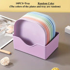 10PCS Plate Set with Stand – Multi-Color Snack Plates with Storage Holder | Durable Serving Dish Set