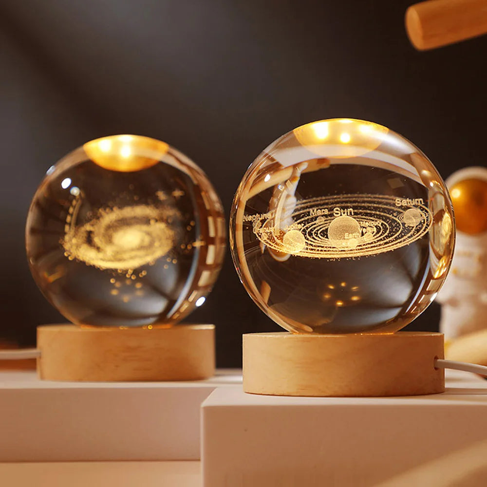 3D Galaxy Crystal Ball Lamp – LED Night Light | Solar System Glass Lamp with Wooden Base