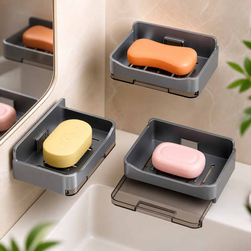 Wall Mounted Soap Holder with Drain Tray – Waterproof Self Adhesive Soap Dish for Bathroom
