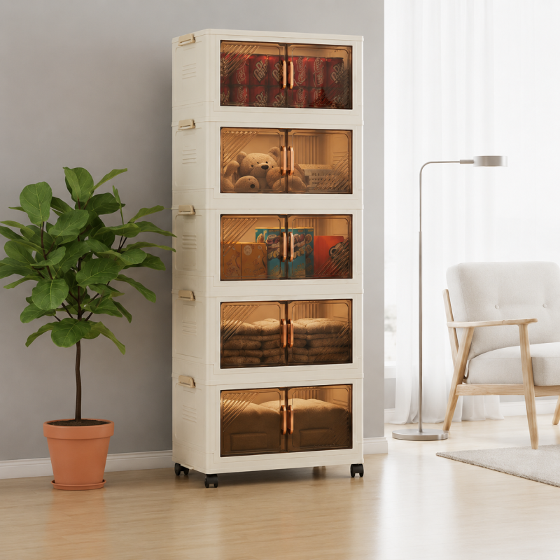 5 Layer Storage Cabinet with Transparent Doors – Foldable Dustproof Organizer with Wheels