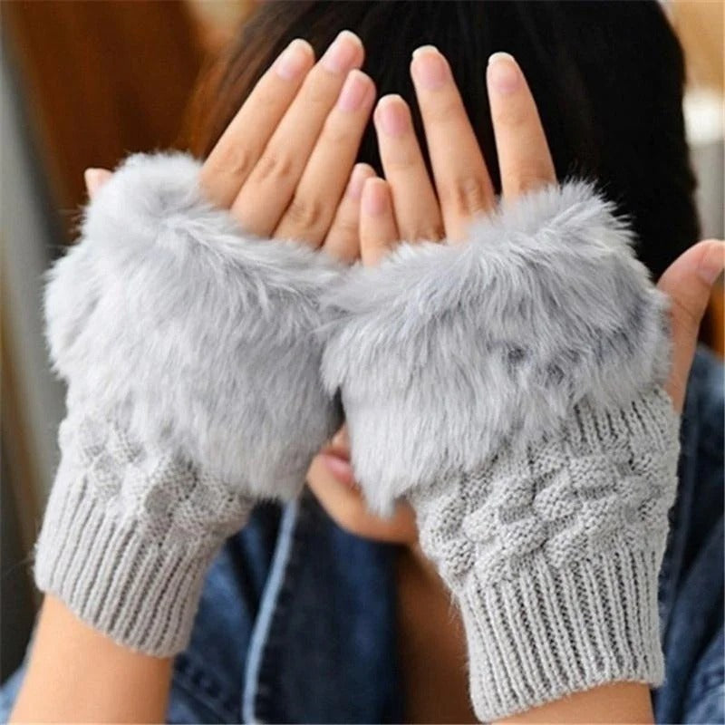 Winter Women Gloves – Soft Wool Knit Fingerless Gloves with Fur | Warm & Stylish Hand Warmers