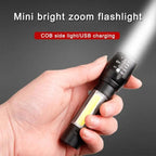 Mini USB Rechargeable Flashlight – COB LED Zoom Torch with Side Light (3 Modes)