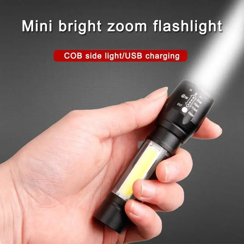 Mini USB Rechargeable Flashlight – COB LED Zoom Torch with Side Light (3 Modes)
