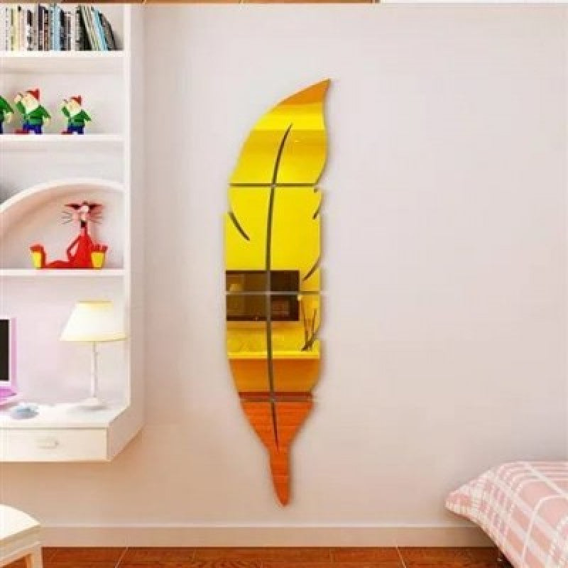 Wall Trove Acrylic Mirror Wall Leaf – 3D Feather Wall Decor for Home & Office