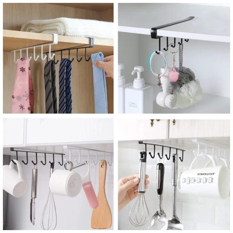 Cabinet Under Shelf 6 Hooks Iron Hanging Rack