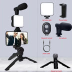 3-in-1 Vlogging Kit – Tripod Stand + LED Fill Light + Microphone Set for Mobile