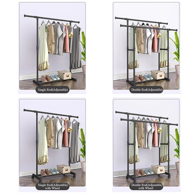 Heavy Duty Clothes Rack with Shoe Shelf (50KG) – Industrial Metal Garment Stand with Wheels