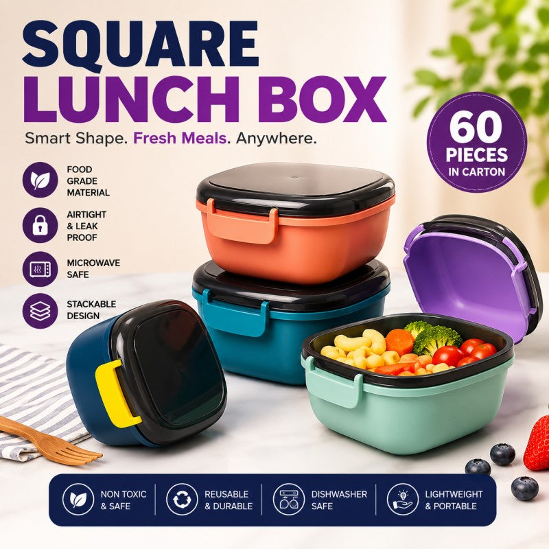 Square Airtight Lunch Box with Spoon – 700ml Leak-Proof Food Storage Container