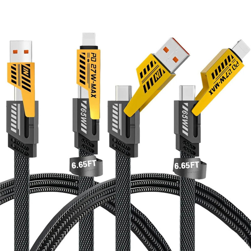 Pack of 2 4-in-1 Multi Charging Cable 65W – Fast Charging USB to Type-C, Lightning & Micro USB