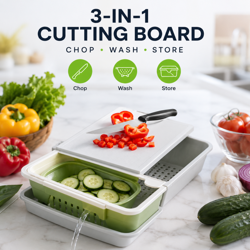3-in-1 Cutting Board with Drain Basket – Foldable Chopping Board & Vegetable Washing Tray