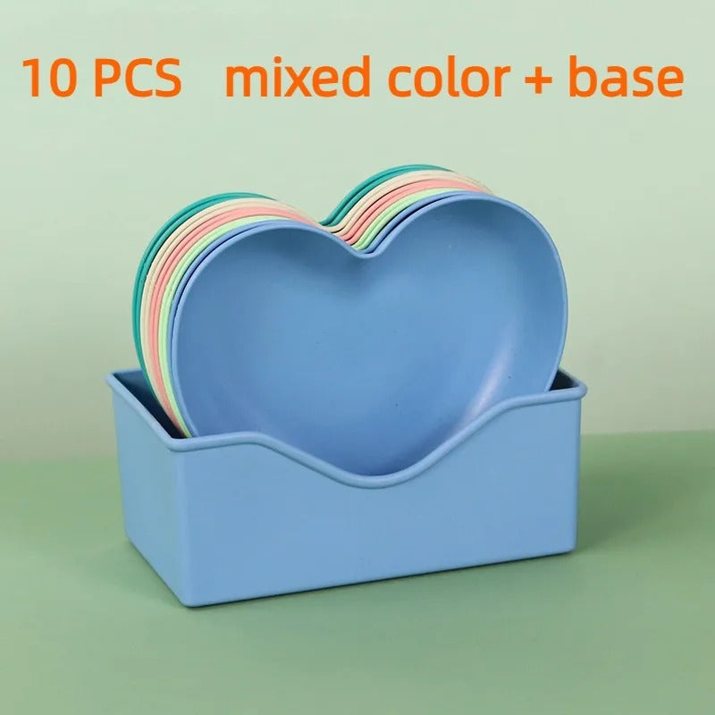 Pack of 10 Heart Shape Plate Set with Stand – Cute Snack & Dessert Plates | Multi-Color Serving Bowls Set
