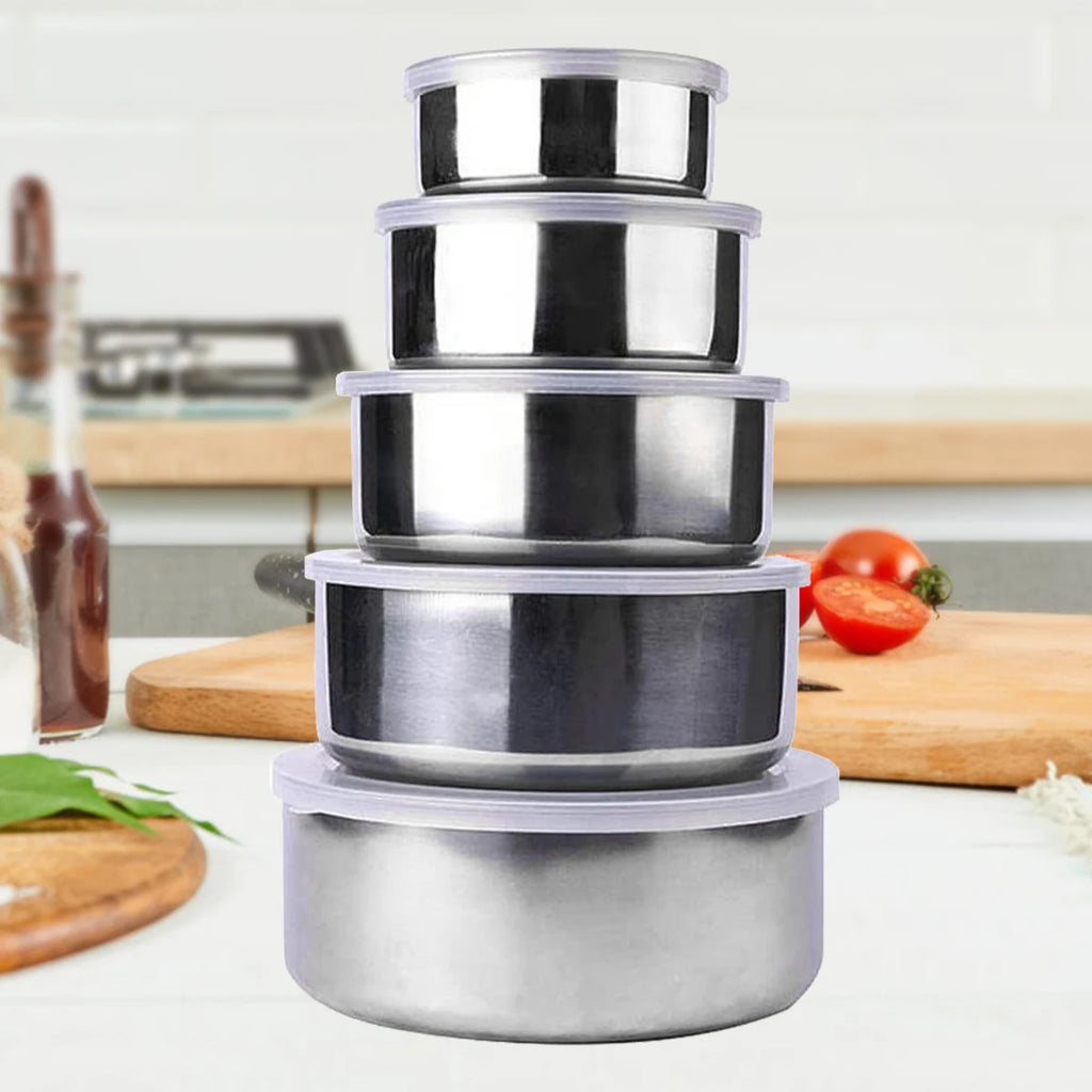 5 Pcs Stainless Steel Bowl Set with Lids – Multi-Size Kitchen Mixing & Storage Bowls