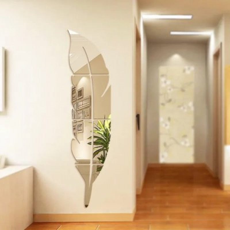 Wall Trove Acrylic Mirror Wall Leaf – 3D Feather Wall Decor for Home & Office