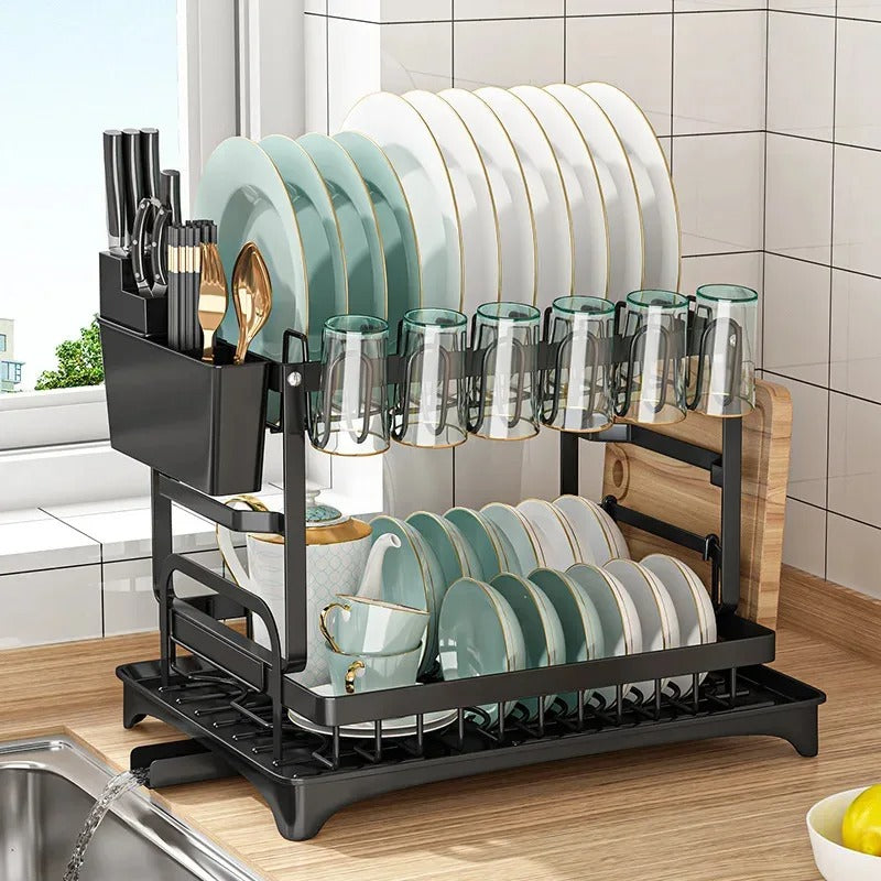 2 Layer Dish Drying Rack (Imported) – Rust Proof Kitchen Organizer with Glass & Knife Holder