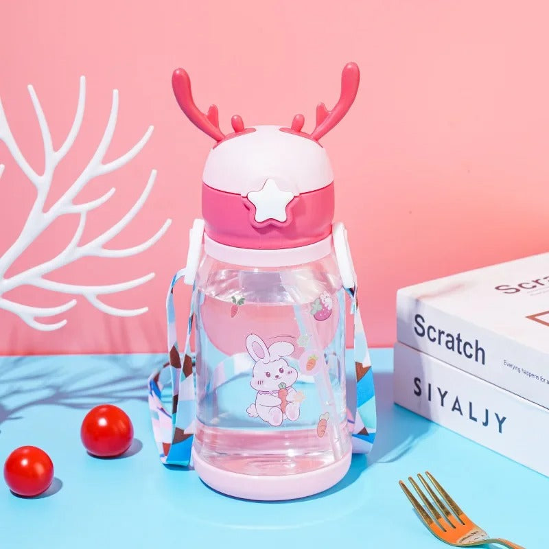 Kids Horn Water Bottle – Cute Cartoon Straw Bottle with Strap (Leakproof & BPA Free)
