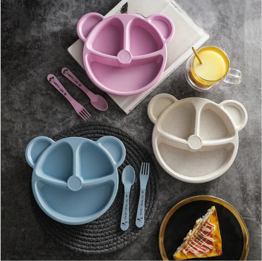 Panda Shape Baby Feeding Set (5pcs) – Kids Divided Plate with Spoon & Fork | Cute BPA Free Dinner Set