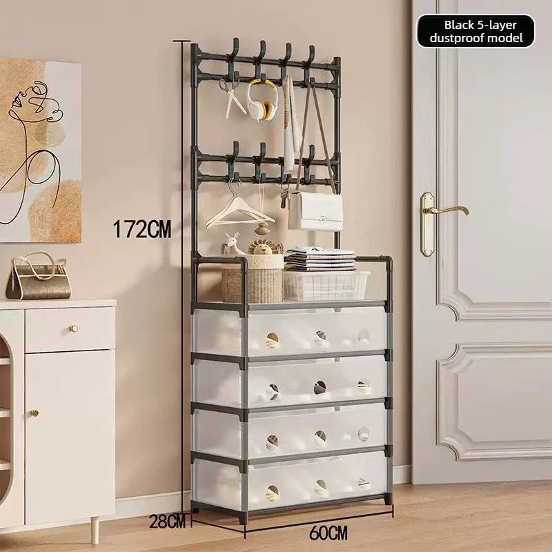 Multi-Functional Dust Proof Shoe Rack with Coat & Hat Stand – Space Saving Organizer with Drawers