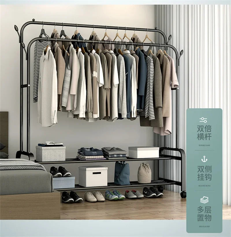 Heavy Duty Hanging Cloth Rack (48KG) – Double Rod Garment Stand with Wheels & Storage Shelf