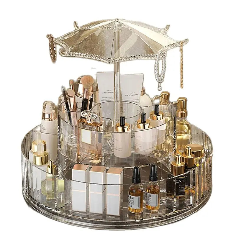 Umbrella Makeup Organizer 360° Rotating – Transparent Cosmetic Storage Stand