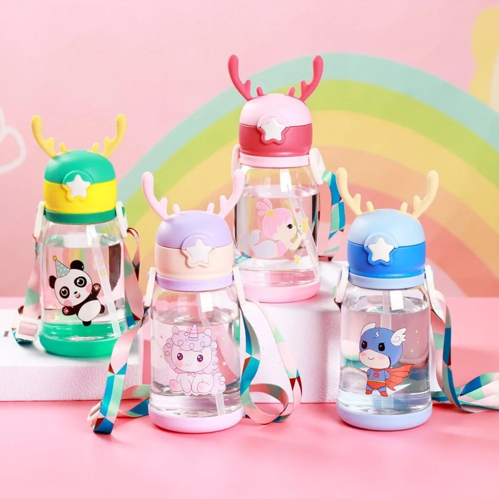 Kids Horn Water Bottle – Cute Cartoon Straw Bottle with Strap (Leakproof & BPA Free)