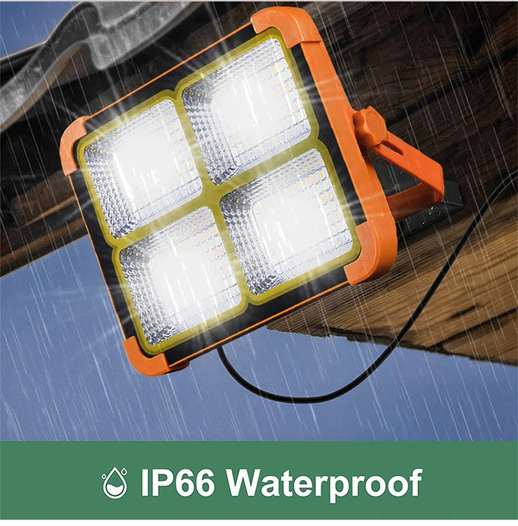 200W Solar LED Flood Light – Rechargeable Dimmable Outdoor Light with USB & Solar Charging (IP66 Waterproof)