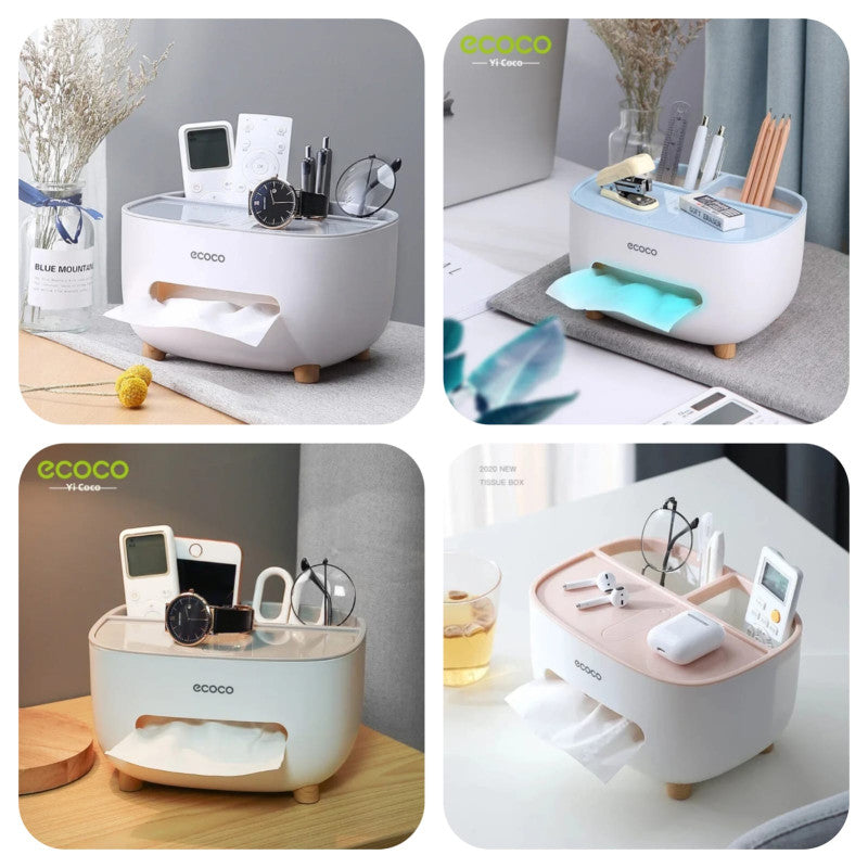Multifunctional Tissue Box Holder with Remote Storage – Plastic Organizer Stand