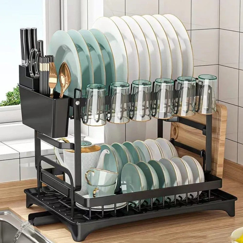 2 Layer Dish Drying Rack (Imported) – Rust Proof Kitchen Organizer with Glass & Knife Holder