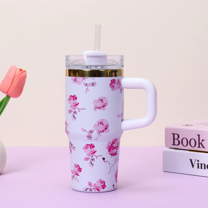 Floral Tumbler with Handle – Insulated Flower Design Cup with Straw