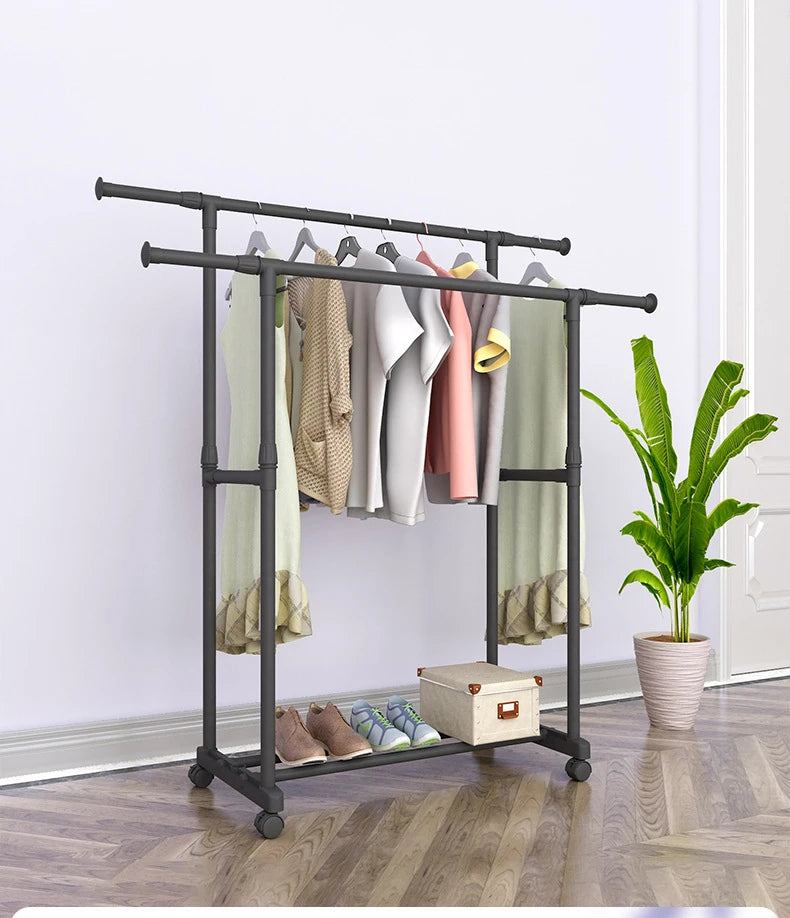 Heavy Duty Clothes Rack with Shoe Shelf (50KG) – Industrial Metal Garment Stand with Wheels