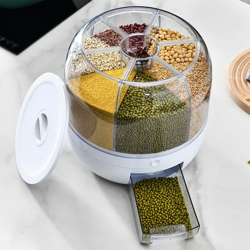 Rotatable Airtight Rice Dispenser with 6-Portion Storage - Waterproof & Moisture-Proof Kitchen Storage Solution