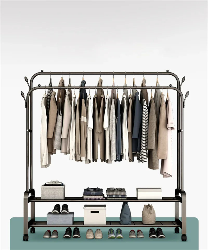 Heavy Duty Hanging Cloth Rack (48KG) – Double Rod Garment Stand with Wheels & Storage Shelf