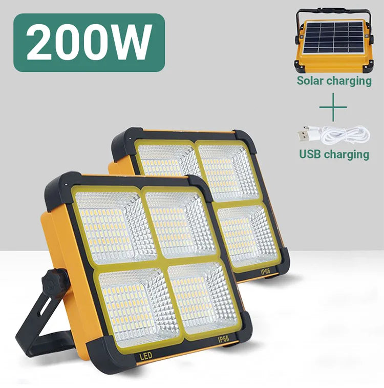200W Solar LED Flood Light – Rechargeable Dimmable Outdoor Light with USB & Solar Charging (IP66 Waterproof)