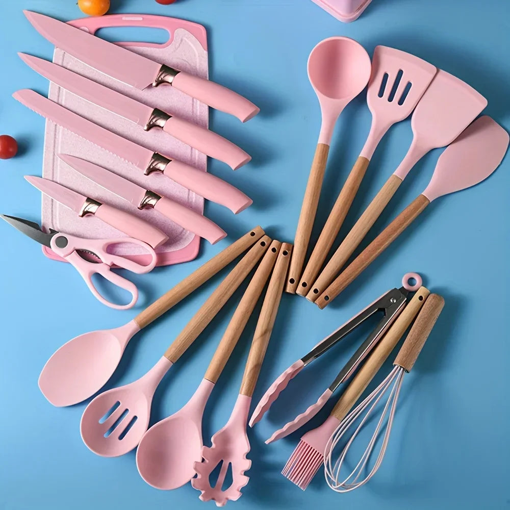Silicone Spoon Set with Knife Set – Kitchen Utensils Set with Holder