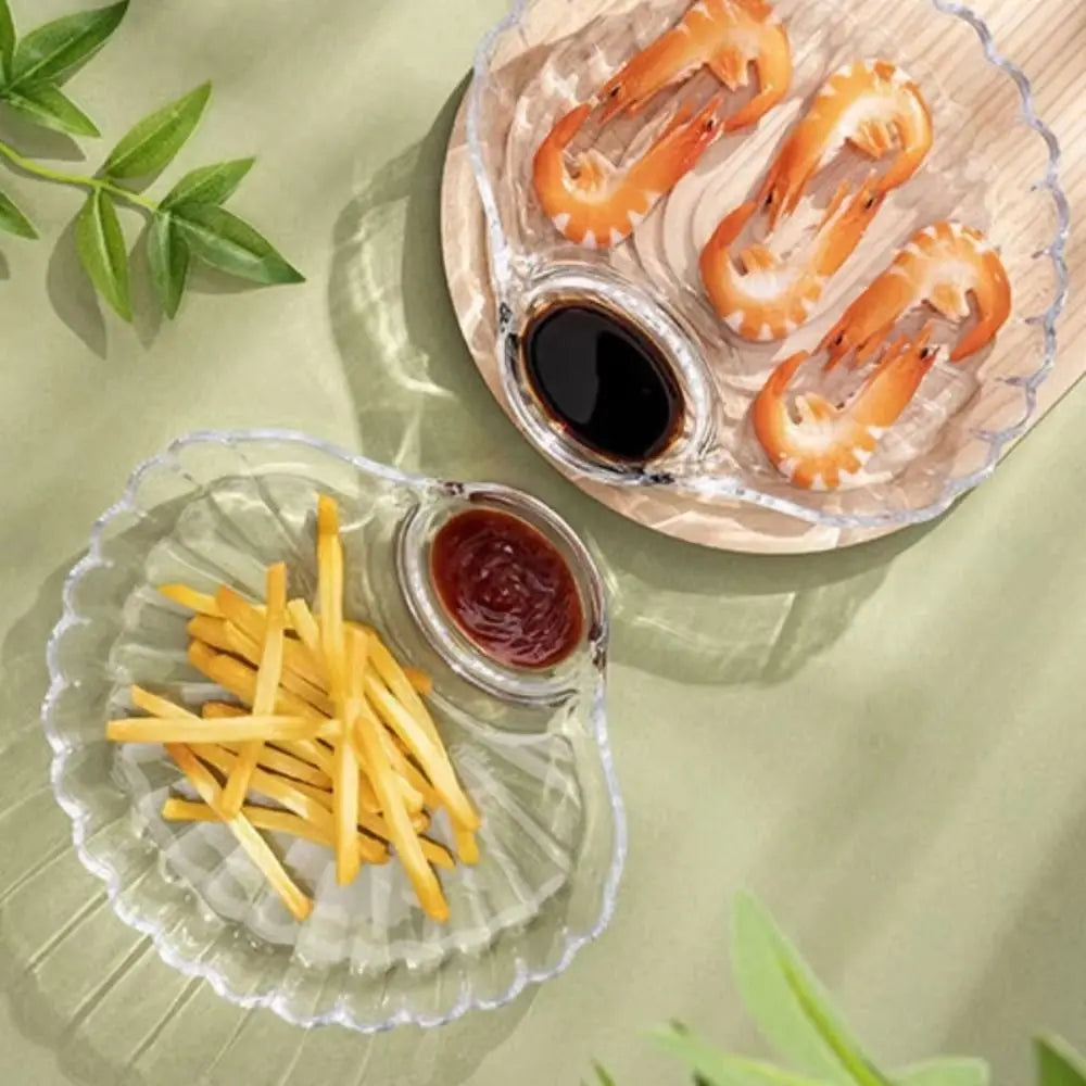 Pack of 2 Crystal Sea Shell Plate – Elegant Glass Serving Plate with Sauce Compartment