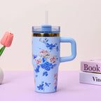 Floral Tumbler with Handle – Insulated Flower Design Cup with Straw
