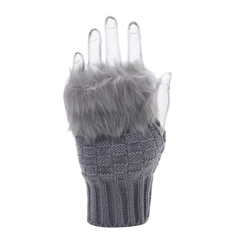 Winter Women Gloves – Soft Wool Knit Fingerless Gloves with Fur | Warm & Stylish Hand Warmers