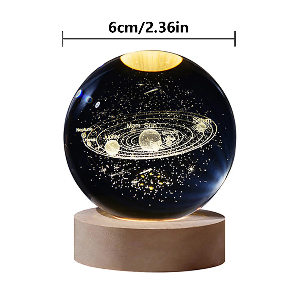 3D Galaxy Crystal Ball Lamp – LED Night Light | Solar System Glass Lamp with Wooden Base