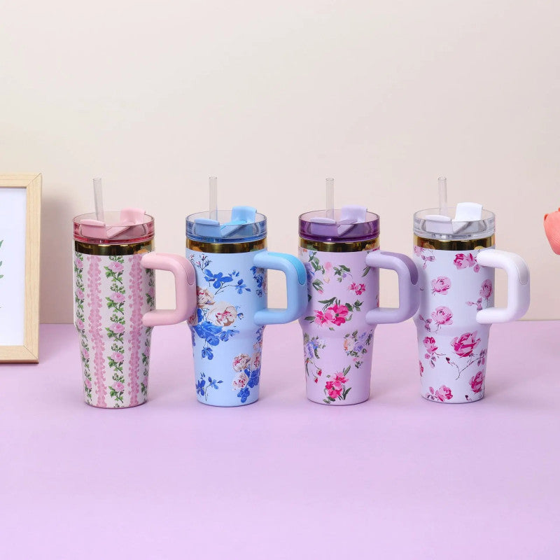 Floral Tumbler with Handle – Insulated Flower Design Cup with Straw