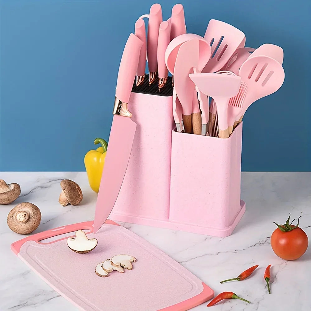 Silicone Spoon Set with Knife Set – Kitchen Utensils Set with Holder