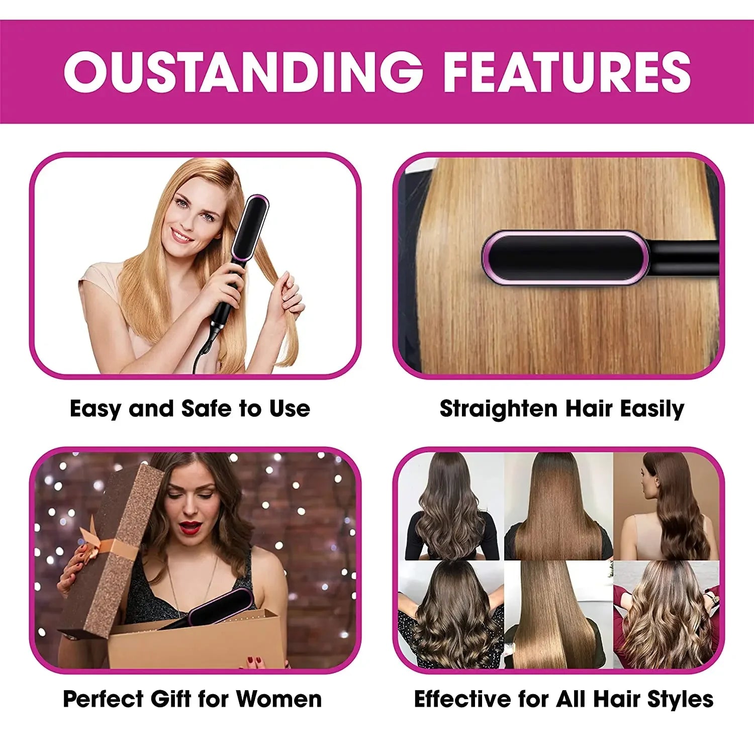 Hair Straightener Brush – 2 in 1 Fast Heating Straightening Comb (Dry & Wet Use)