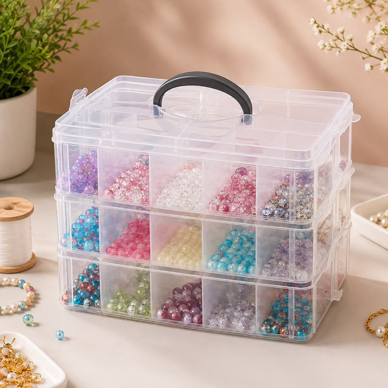 Adjustable   Stackable Storage Box Organizer – Multi Tier Plastic Storage Case with Compartments & Lock